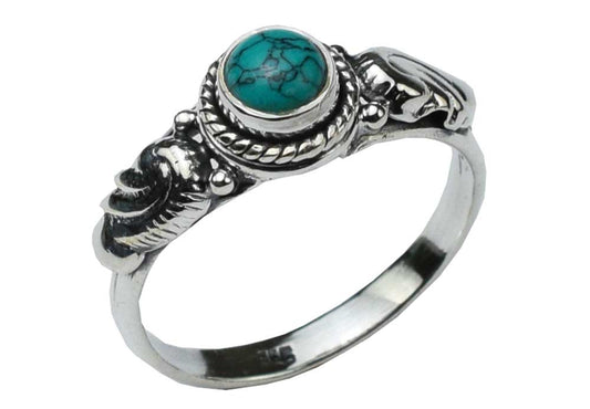 Ring Turquoise Circle Stone With Leaves Design On Side 925 Sterling Silver - Size N