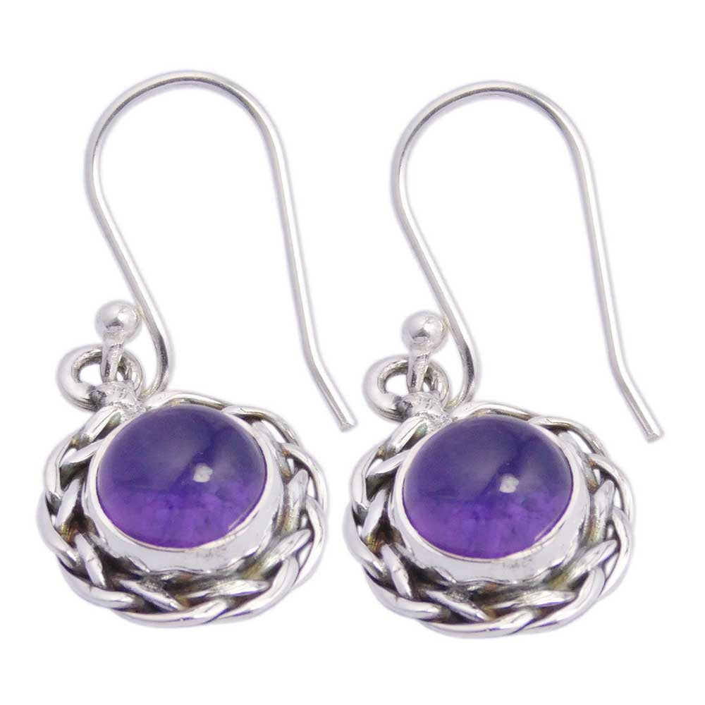 Earring Circle Amethyst Cabochon Stone Drop With Celtic Knot Border L2.9cm. Approx Weight Is 8 Grams 925 Sterling Silver