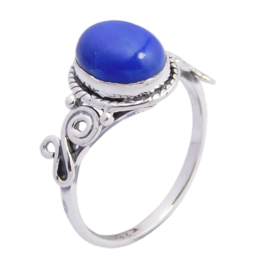 Ring Lapis Circle Raised Cabochon Stone With Rope Style Border And Swirl Design At The Sides. Approx Weight Is 7 Grams 925 Sterling Silver