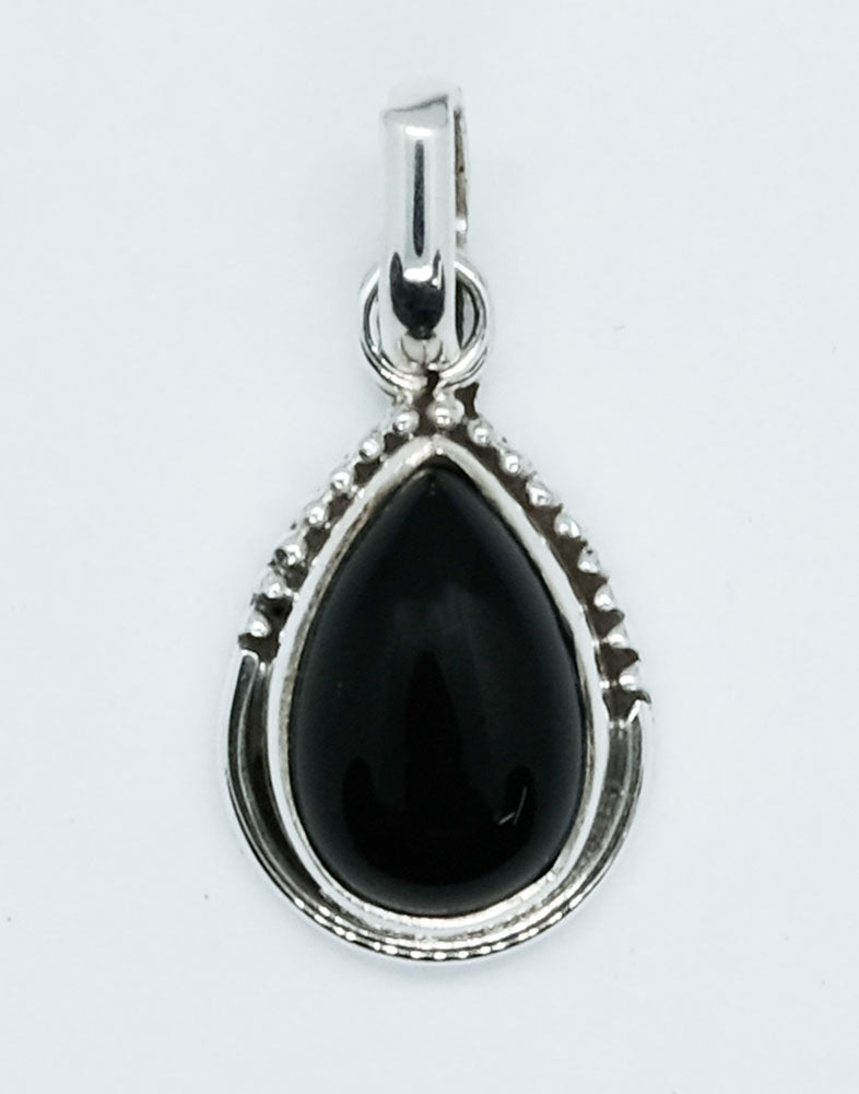 Silver Pendant Black Onyx Pear Shape Cabochon 8x12 mm - optional chain