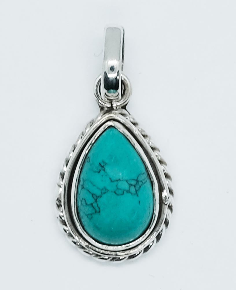 Silver Pendant Turquoise Pear Shape Cabochon  8mm x 12mm -  option of a chain