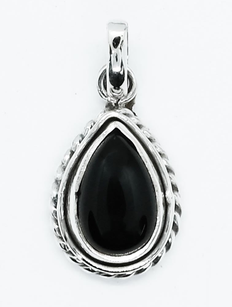 925 Sterling Silver Pendant Black Onyx Pear Shape Cabochon 8x12mm - chain optional