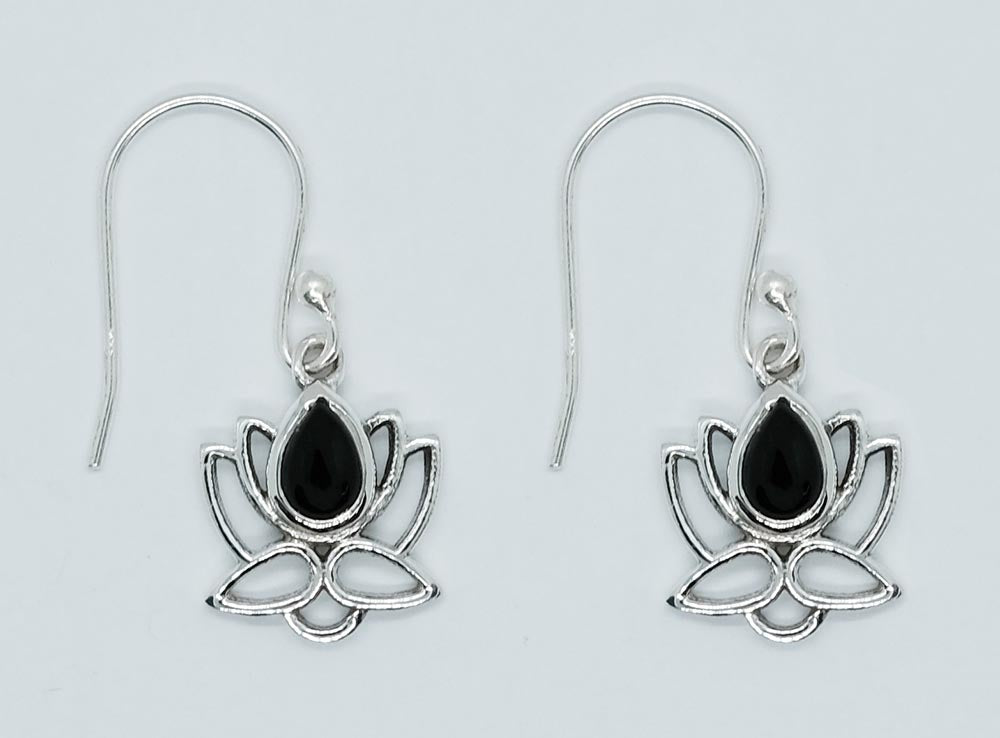 925 Sterling Silver Earring Lotus Black Onyx Pear Shape Cabochon 4x6mm