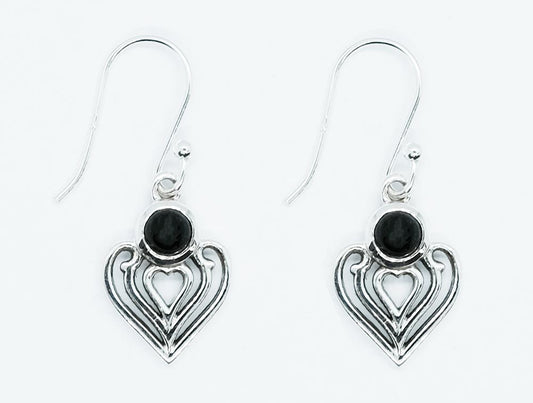 925 Sterling Silver Earring Heart Black Onyx Round Cabochon 4x4mm