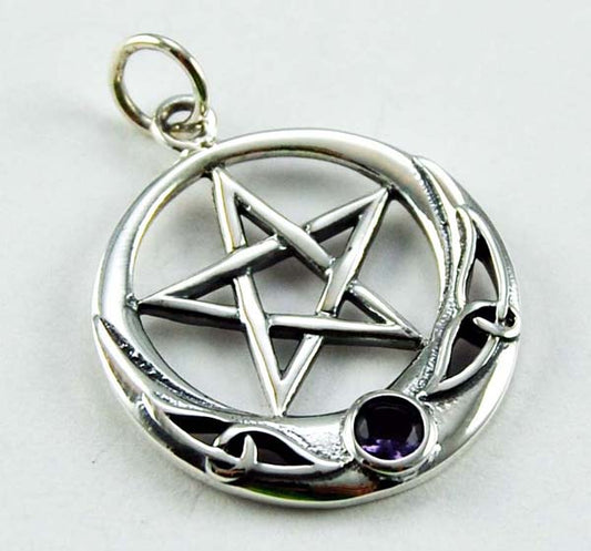 Silver Pendant Pentagram - numerous variations - With Amethyst Stone, clear stone or Peridot - Chain optional approx 1 inch