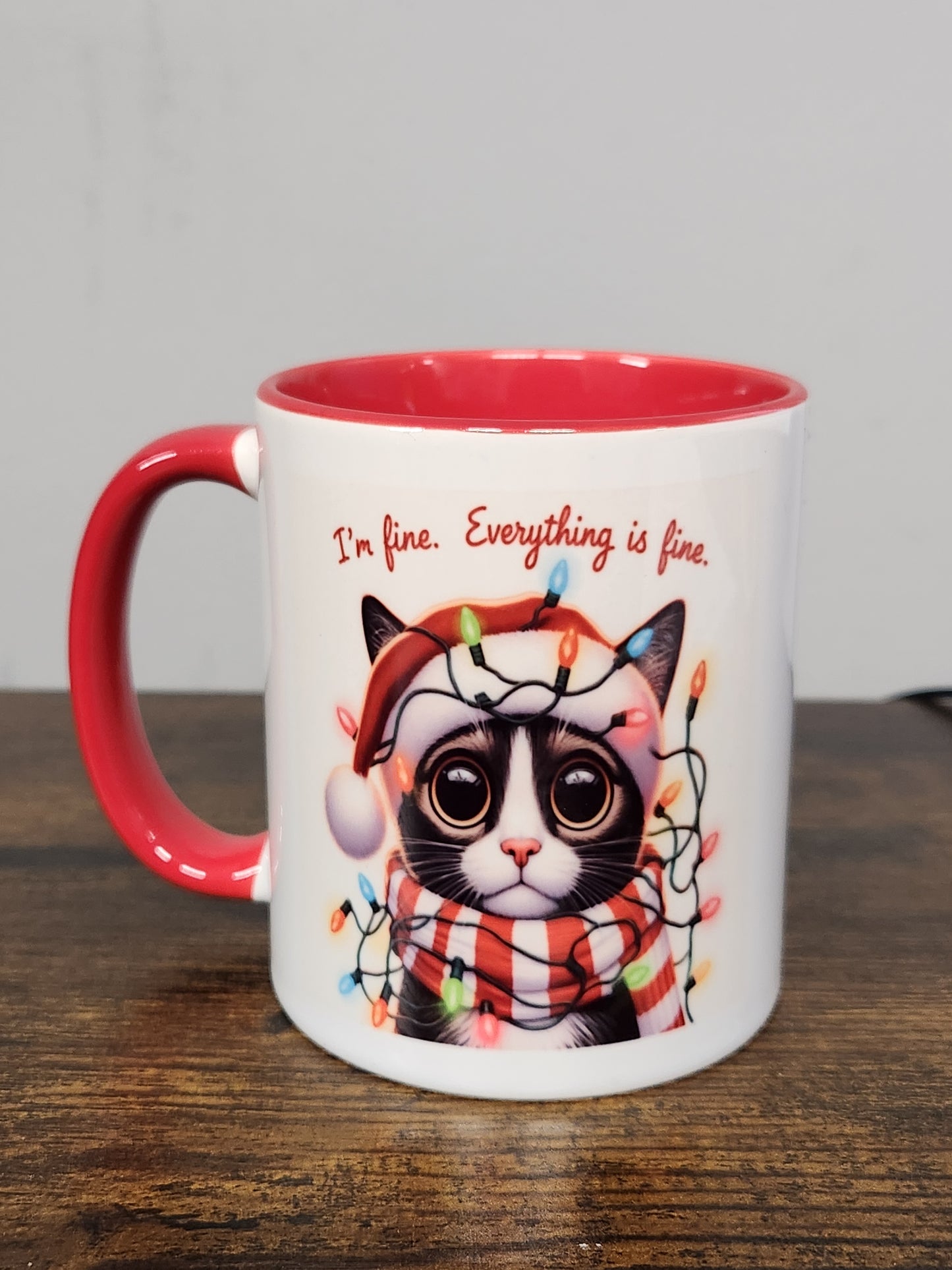 Festive Duel Sided Mug - A Cute 'I'm Fine' Sad Cat Design - Mug, Drinkware