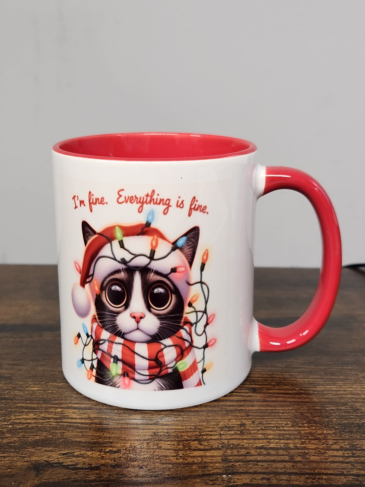 Festive Duel Sided Mug - A Cute 'I'm Fine' Sad Cat Design - Mug, Drinkware