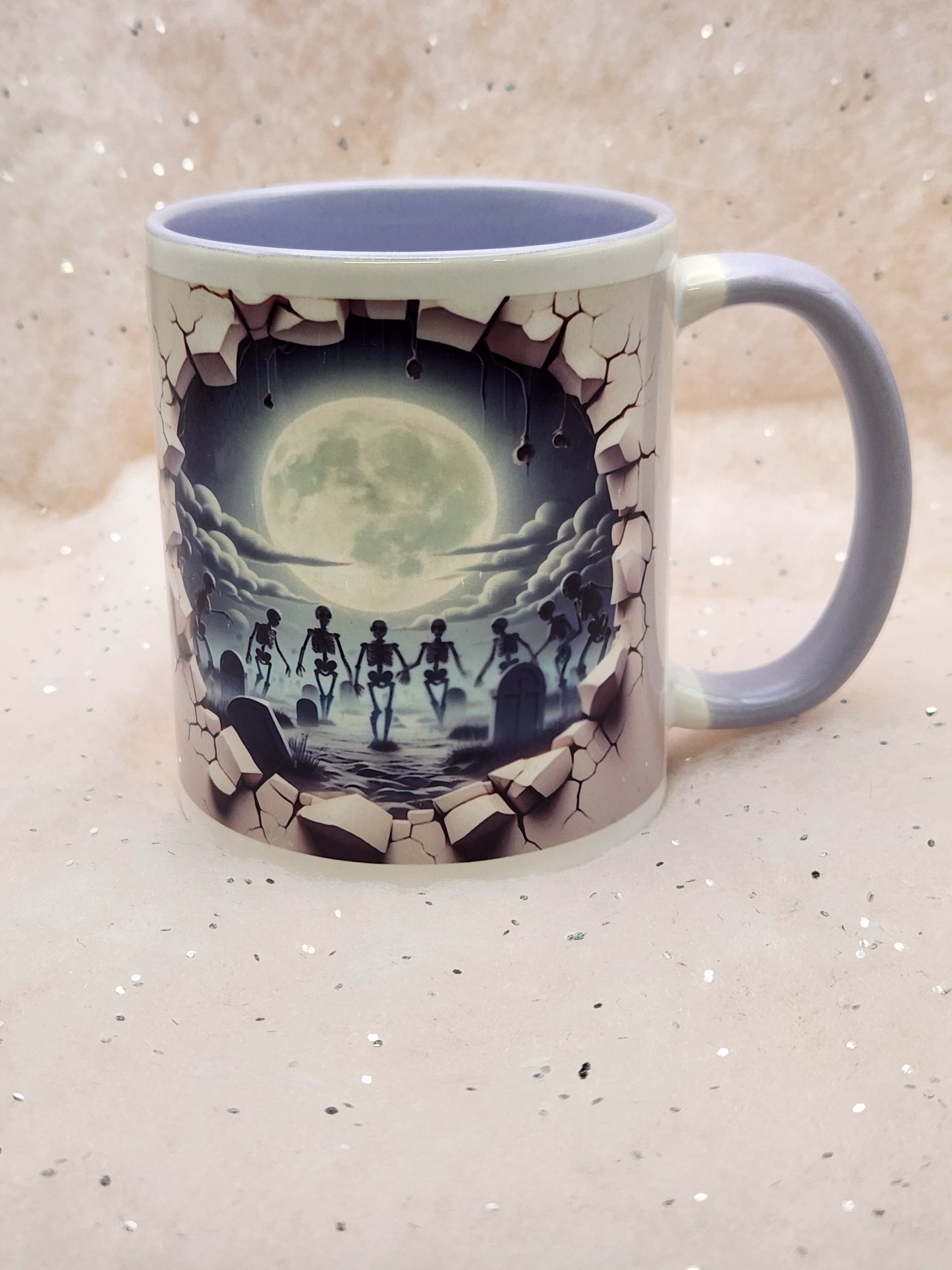 Hole in wall mug, choice of 4 , skeletons, crow, cat, ghost, print both sides