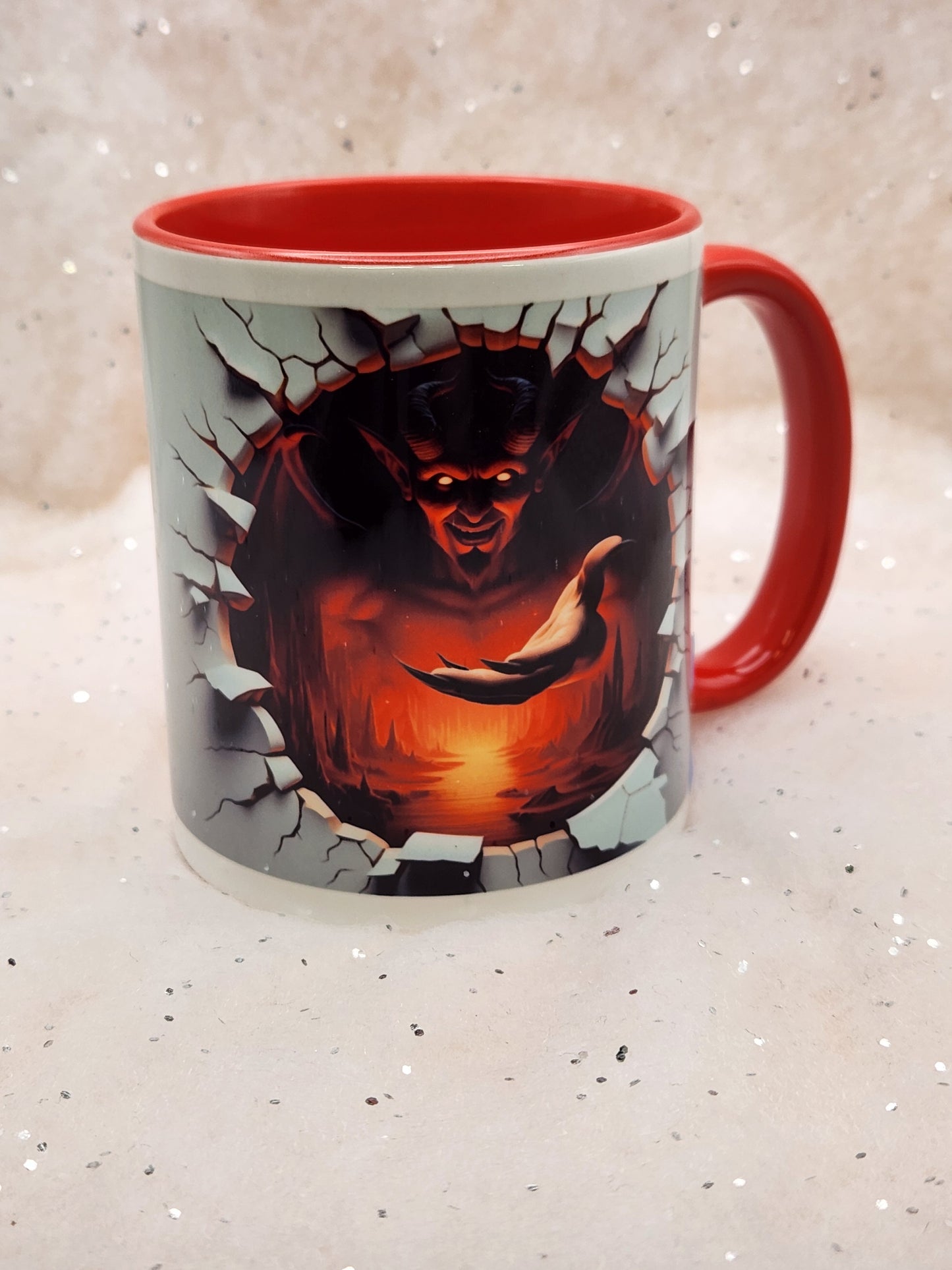 Hole in wall mug, choice of 4 , Devil, Wolf, Reaper, Bats, print both sides