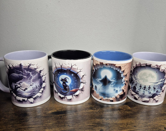 Hole in wall mug, choice of 4 , skeletons, crow, cat, ghost, print both sides