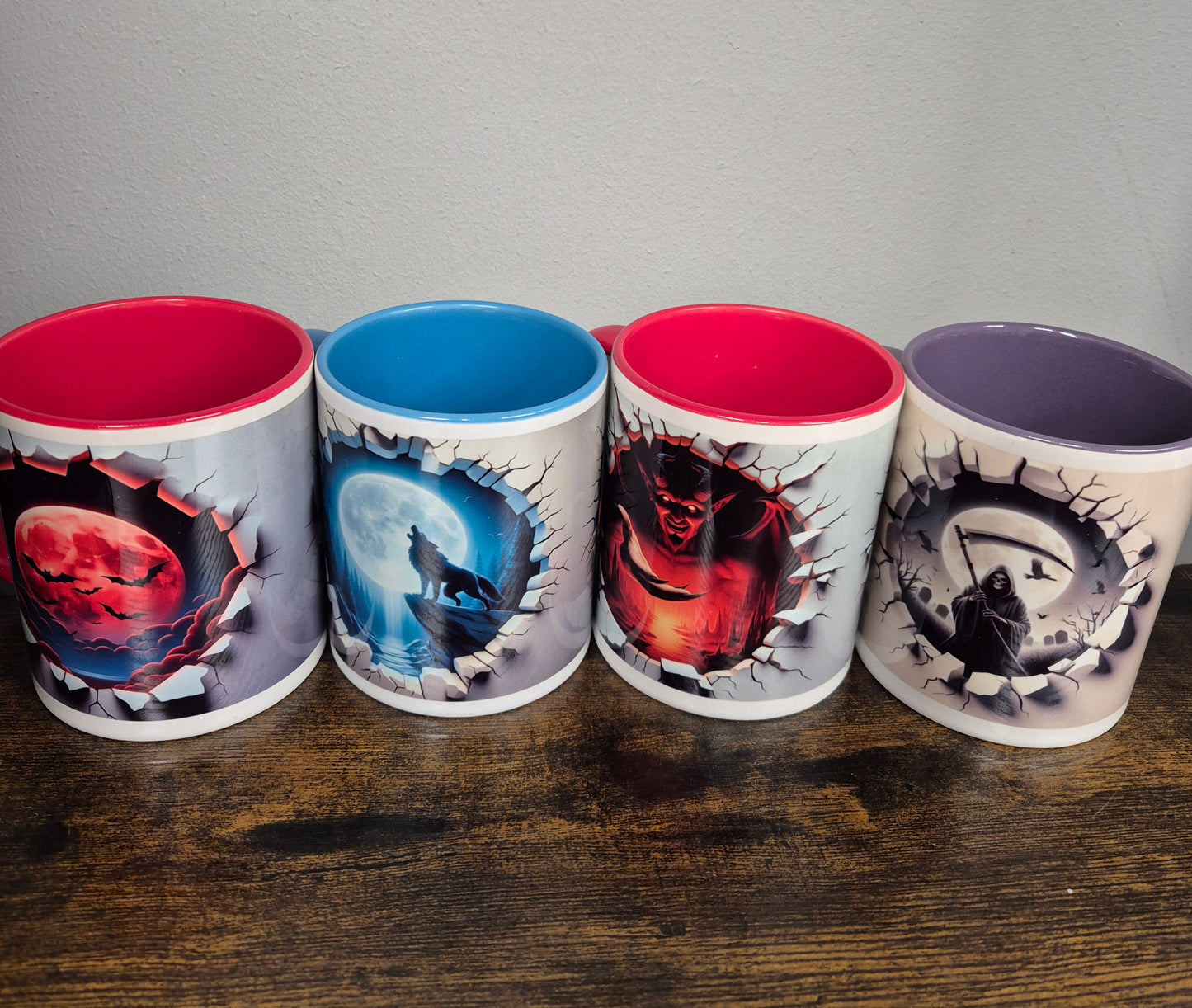 Hole in wall mug, choice of 4 , Devil, Wolf, Reaper, Bats, print both sides