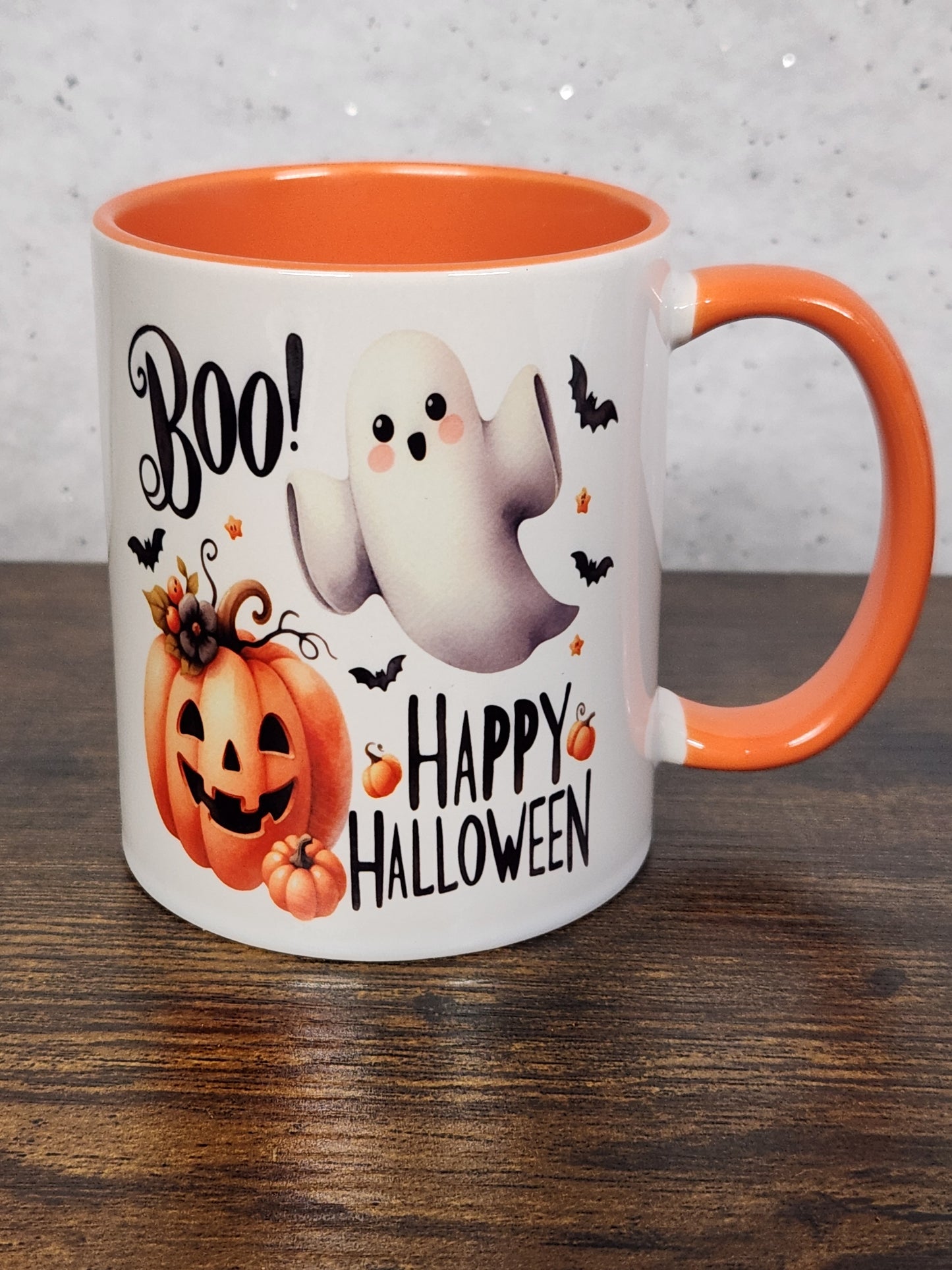 Happy Halloween Festive Mug with Ghost and Pumpkin Design with optional Coaster (1) - Mug, Drinkware