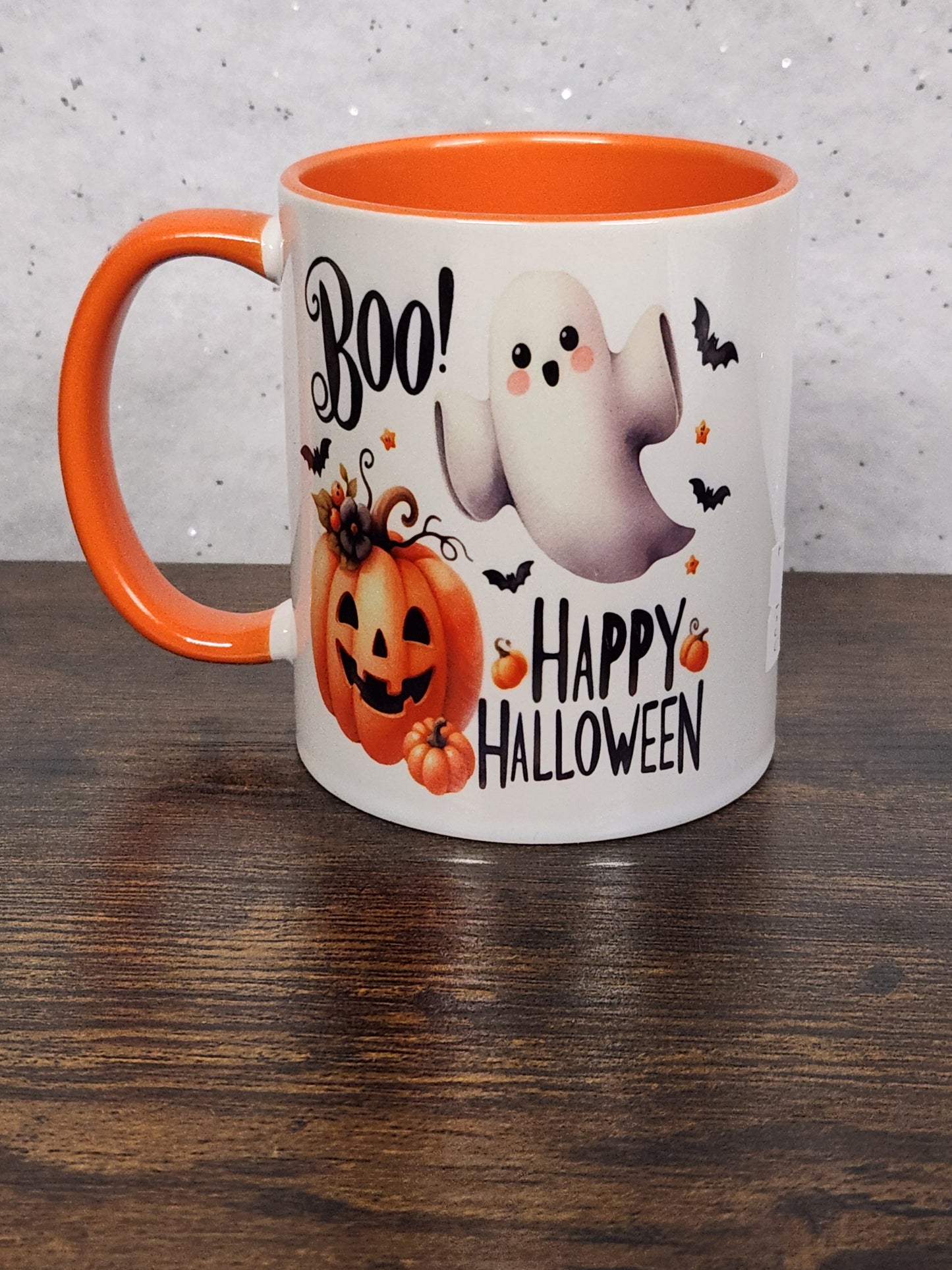 Happy Halloween Festive Mug with Ghost and Pumpkin Design with optional Coaster (1) - Mug, Drinkware