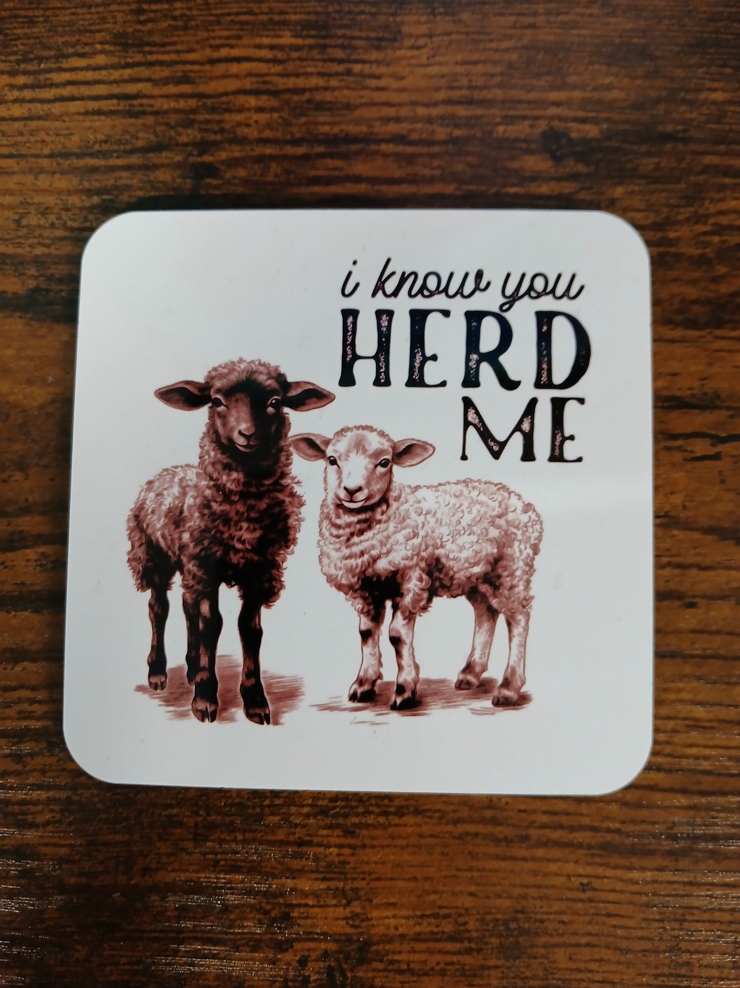 A cute "I know you herd me" Mug and Coaster set featuring a couple of lambs - Drinkware