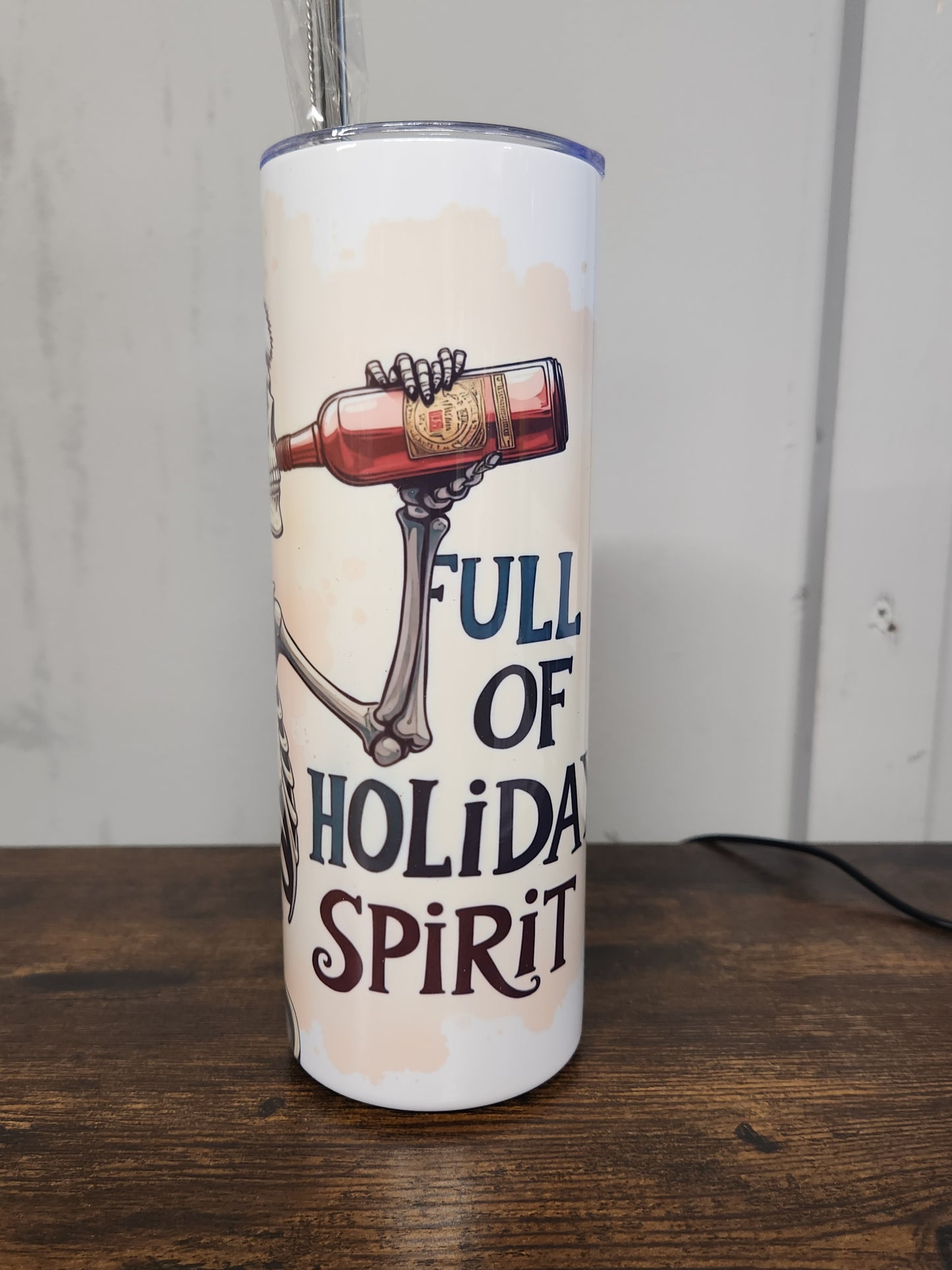 Full of Holiday Spirit Tumbler with Festive Skeleton Design - Funny Design for Drinks - Drinkware