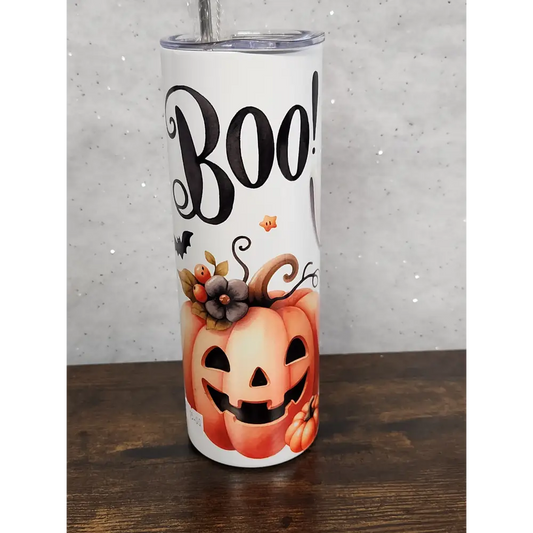 A Halloween Tumbler with a cute ghost and pumpkin design - Tumbler