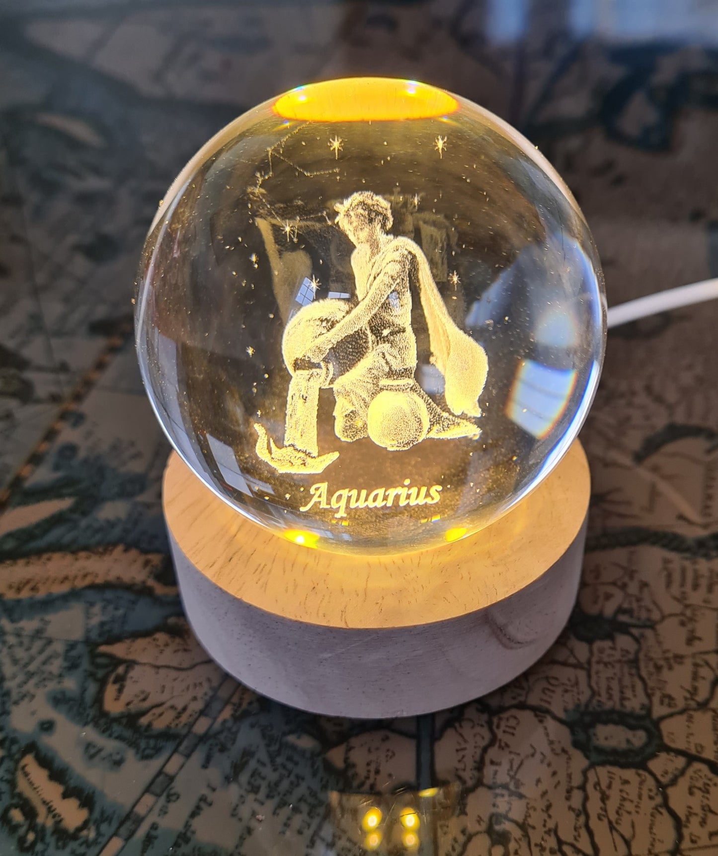 Aquarius Zodiac Engraved 60mm Orb with light stand, Aquarius Sphere, Aquarius Crystal Ball.