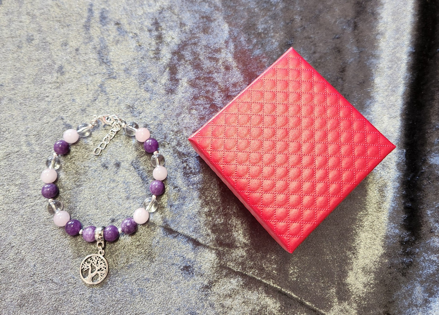 Crystal healing bracelet for Power and Self Love, Amethyst, Clear Quartz and Rose Quartz, tree of life, pentacle