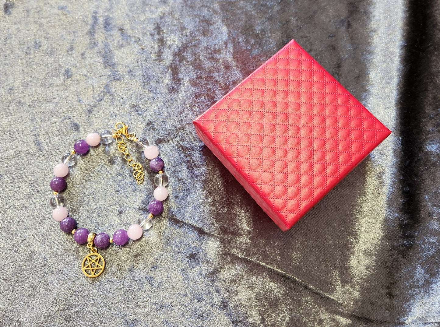 Crystal healing bracelet for Power and Self Love, Amethyst, Clear Quartz and Rose Quartz, tree of life, pentacle