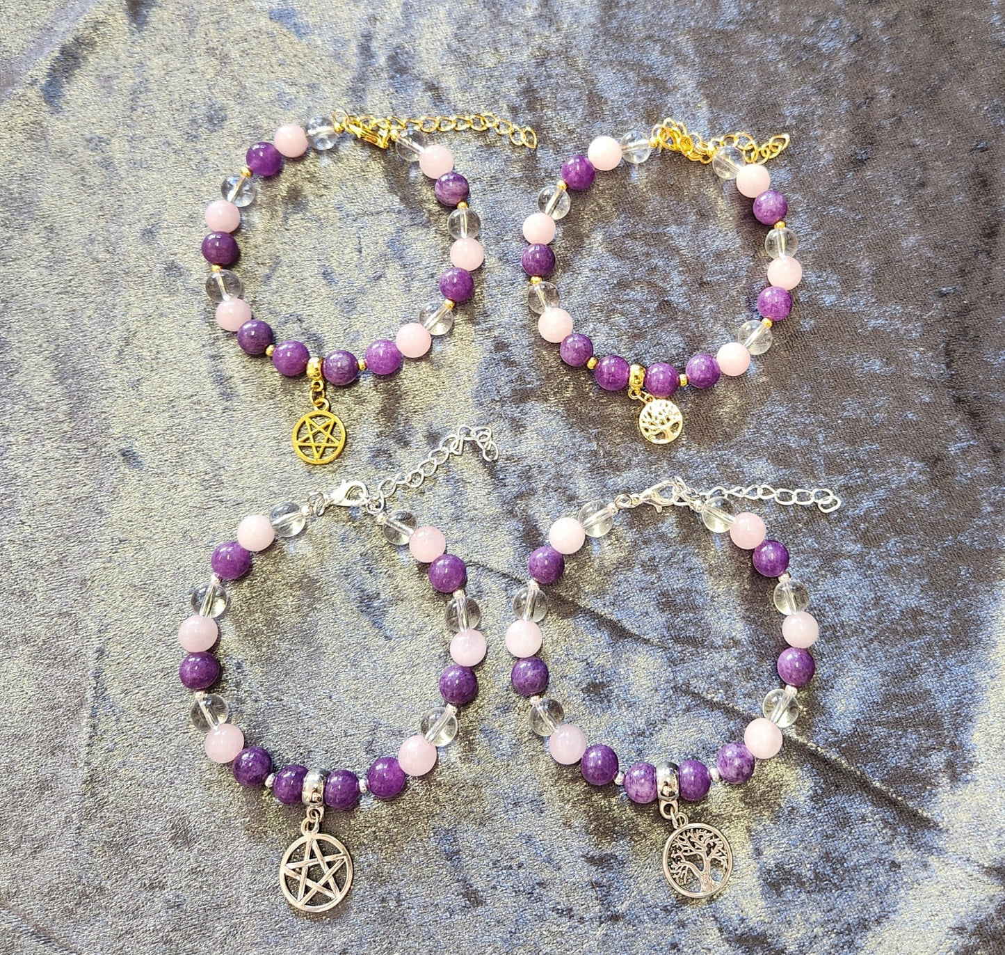 Crystal healing bracelet for Power and Self Love, Amethyst, Clear Quartz and Rose Quartz, tree of life, pentacle