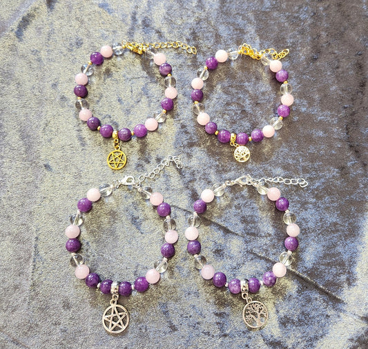 Crystal healing bracelet for Power and Self Love, Amethyst, Clear Quartz and Rose Quartz, tree of life, pentacle