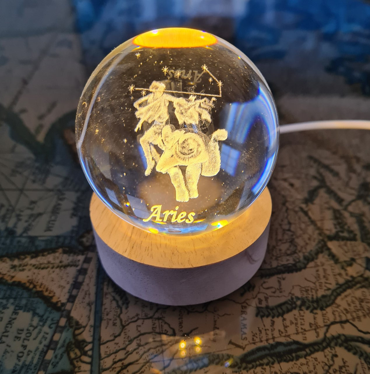 Aries Zodiac Engraved 60mm Orb with light stand, Aries Sphere, Aries Crystal Ball.