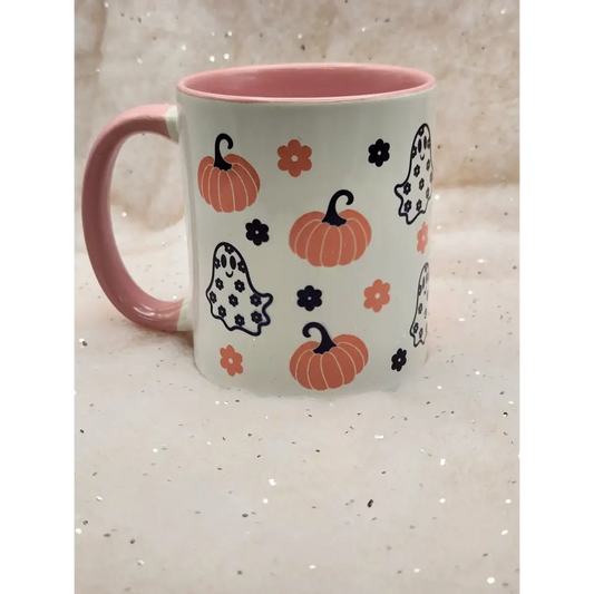 Cute Ghost and Pumpkin Mug - pink inside and pink handle - mug