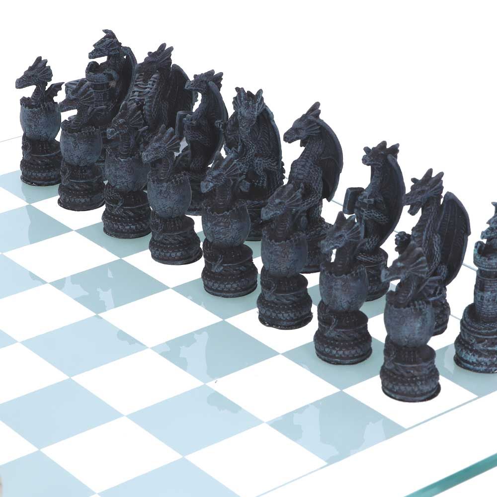 Dragon Chess Set 43cm Raised Fantasy Dragon Chess Set With Corner Towers 43cm by Nemesis Now