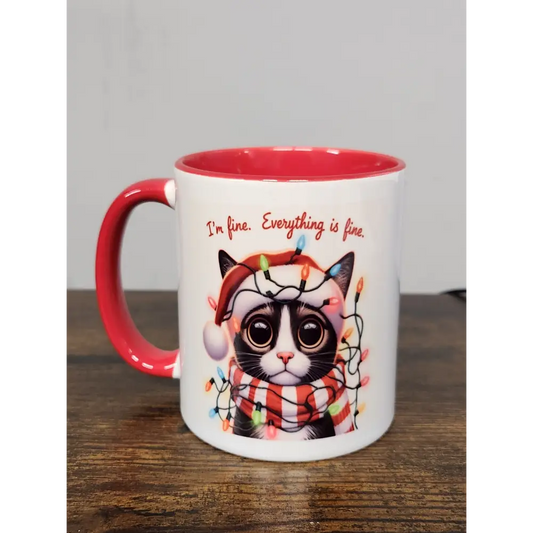 Festive Duel Sided Mug - A Cute ’I’m Fine’ Sad Cat Design - Mug Drinkware - mug