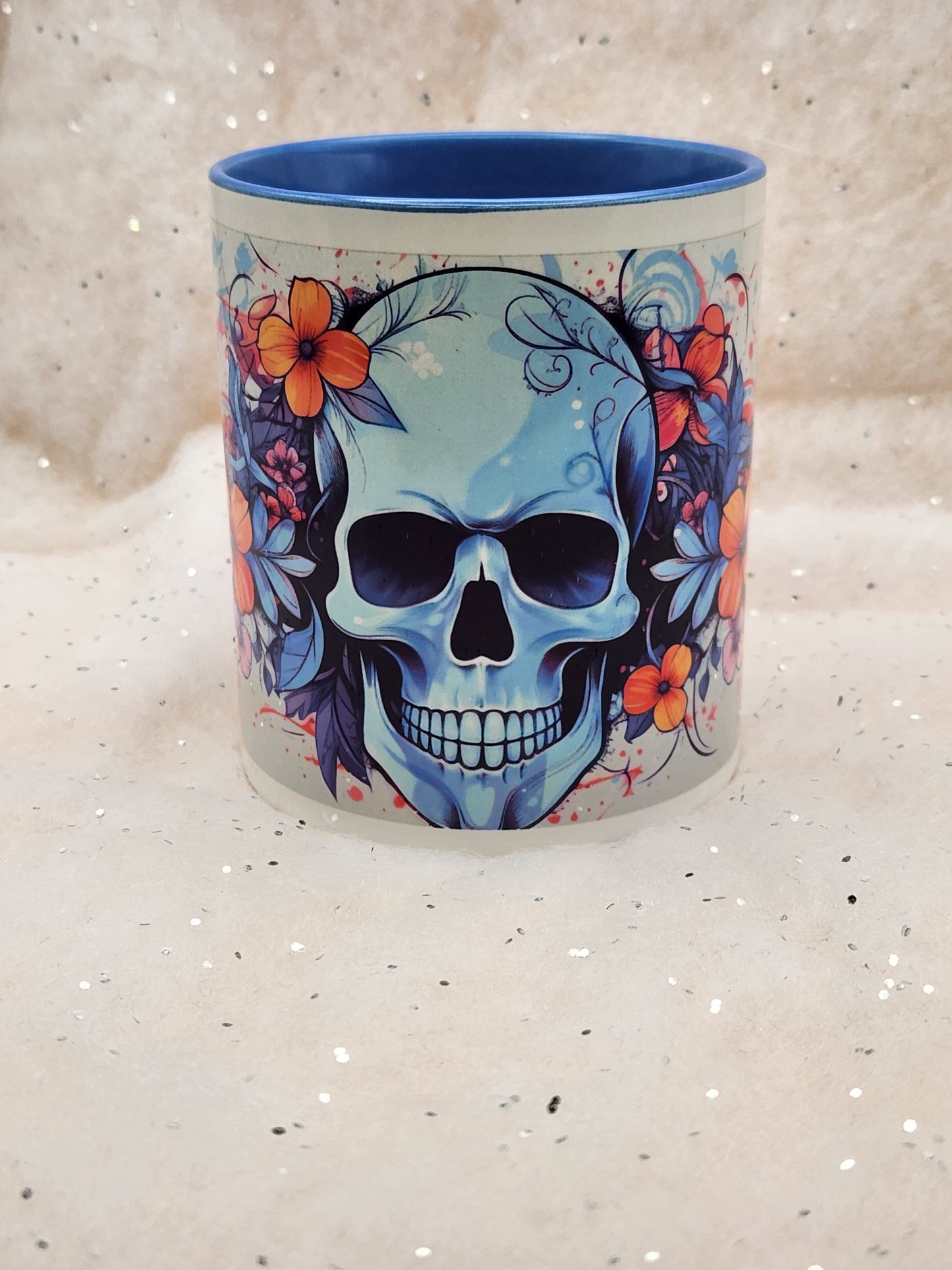 Skull and Flowers mug, gothic cup, blue inner and blue handle