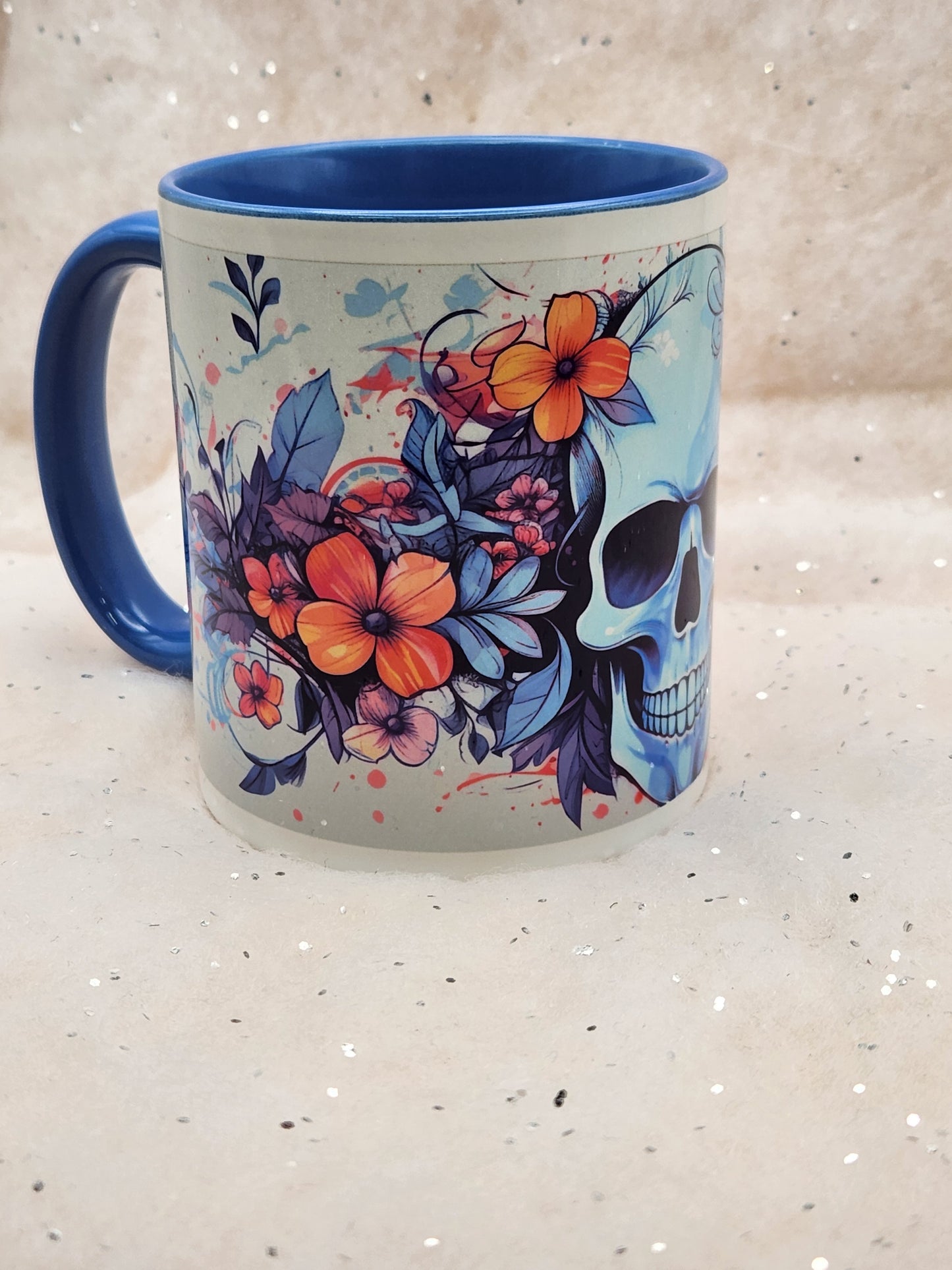 Skull and Flowers mug, gothic cup, blue inner and blue handle