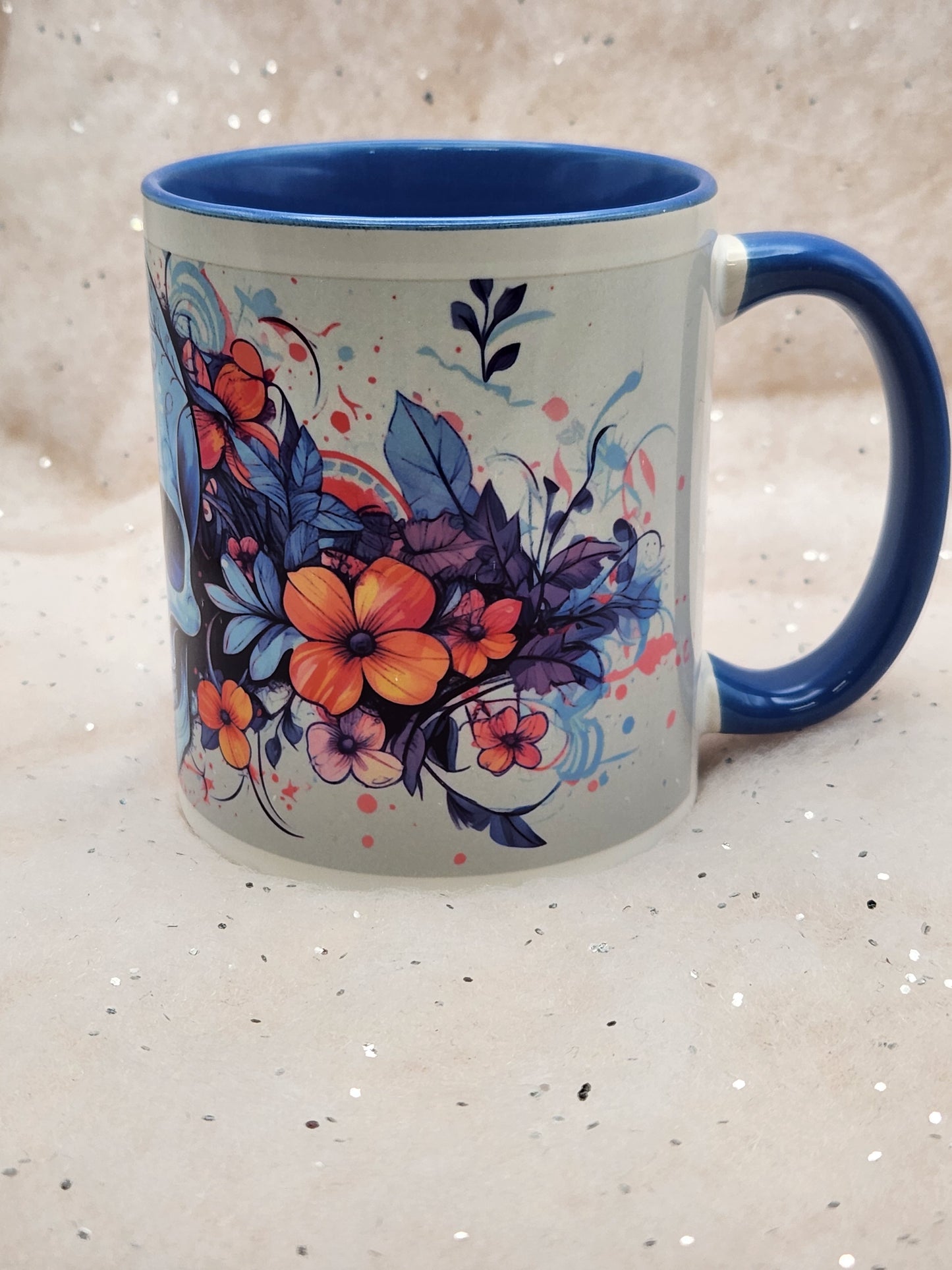 Skull and Flowers mug, gothic cup, blue inner and blue handle