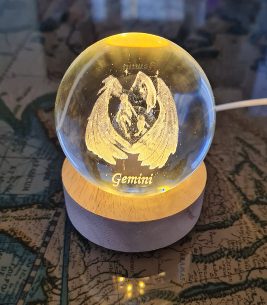 Gemini Zodiac Engraved 60mm Orb with light stand, Gemini Sphere, Gemini Crystal Ball.