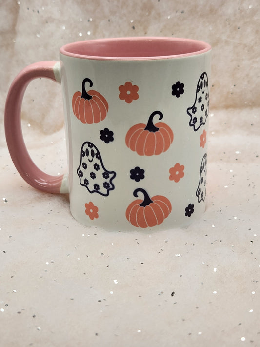 Cute Ghost and Pumpkin Mug - pink inside and pink handle