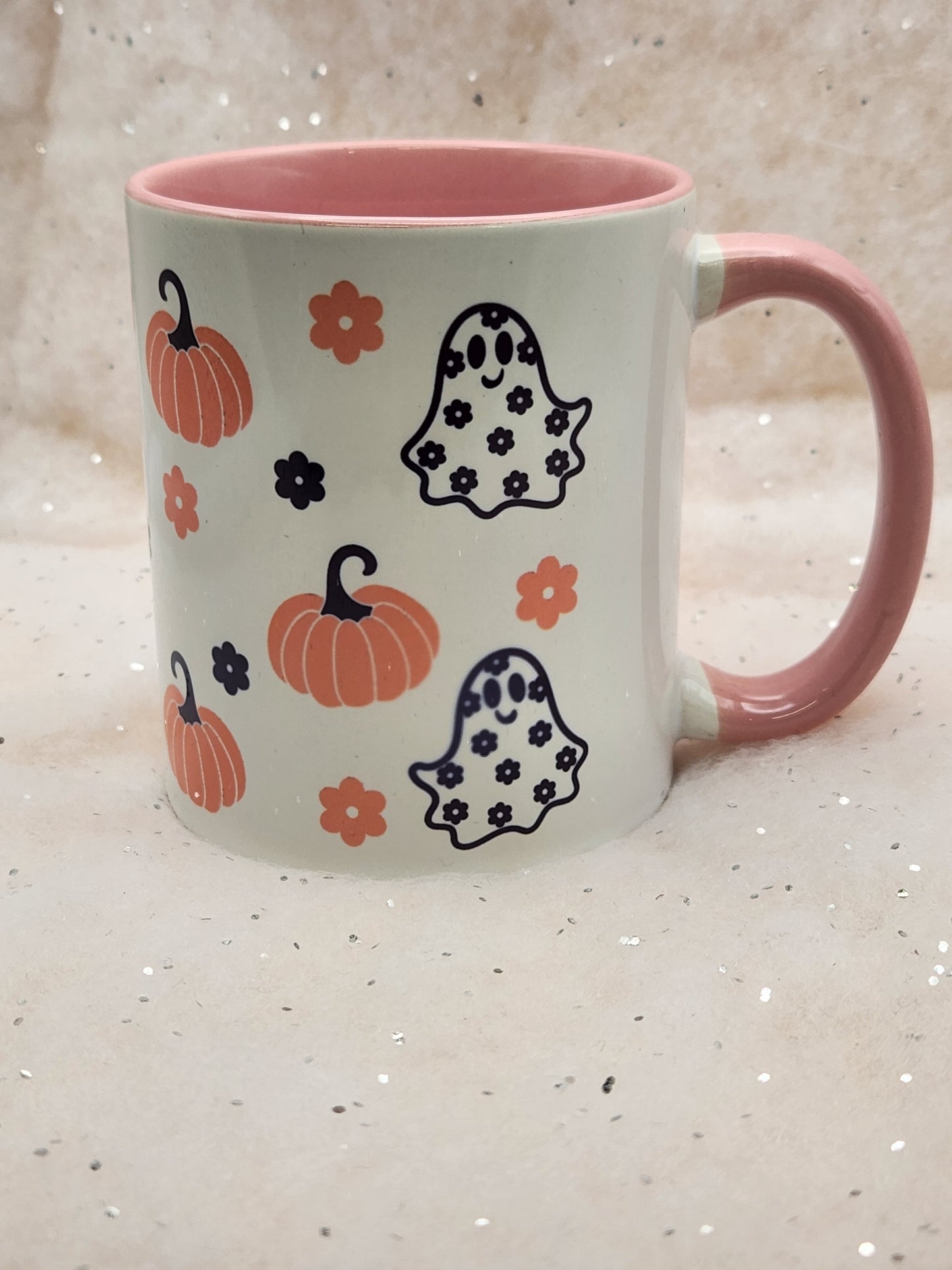 Cute Ghost and Pumpkin Mug - pink inside and pink handle