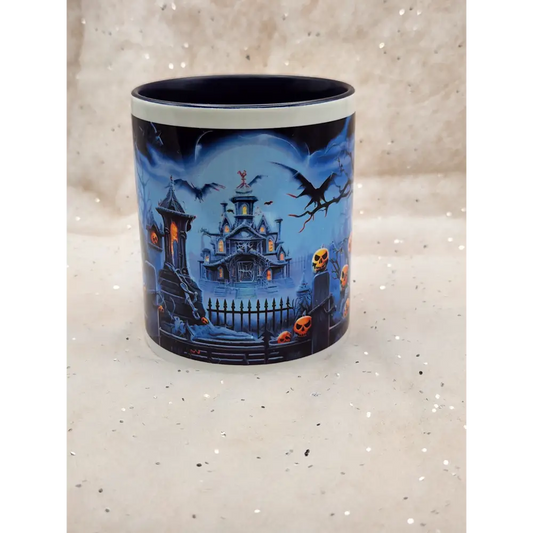 Haunted House Halloween Cup - dark blue handle and dark blue inner - mug
