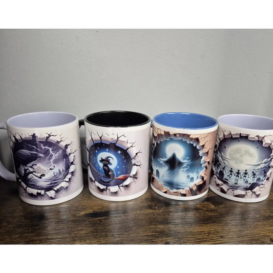Hole in wall mug choice of 4 skeletons crow cat ghost print both sides - mug
