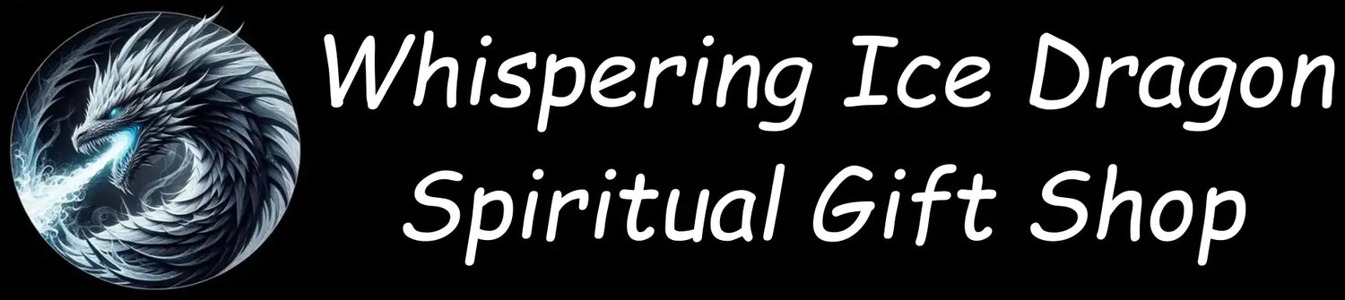 Whispering ice dragon spiritual gift shop logo featuring a stylized silver and blue dragon coiled around an icy orb.