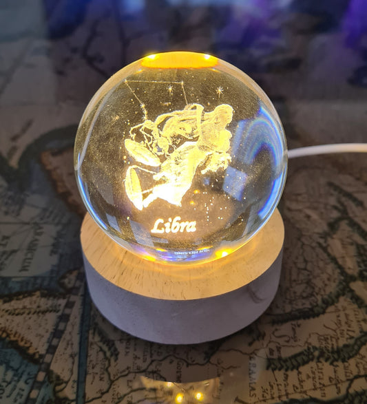 Libra Zodiac Engraved 60mm Orb with light stand, Libra Sphere, Libra Crystal Ball.