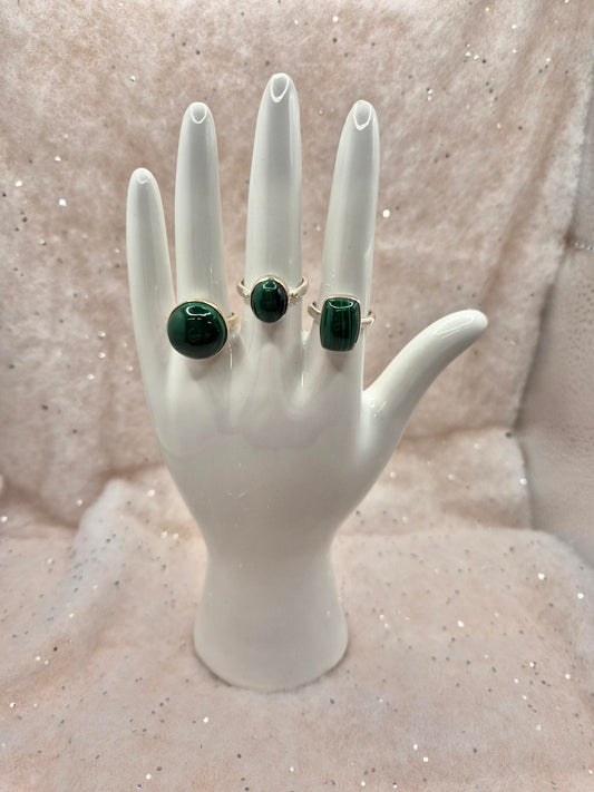 Malachite Sterling Silver Rings, choice of 3, Round Design, oval design or rectangle