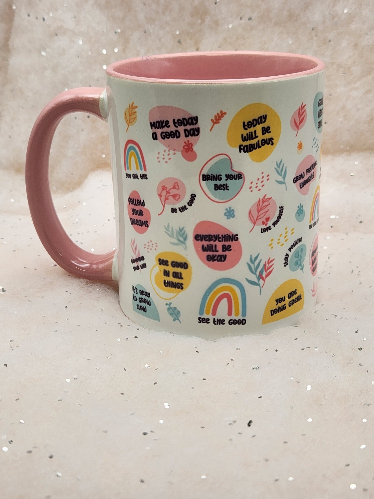 Motivational Mug, Motivational Cup, Affirmation Cup, Affirmation Mug - Pink handle and pink inner - choice of 2