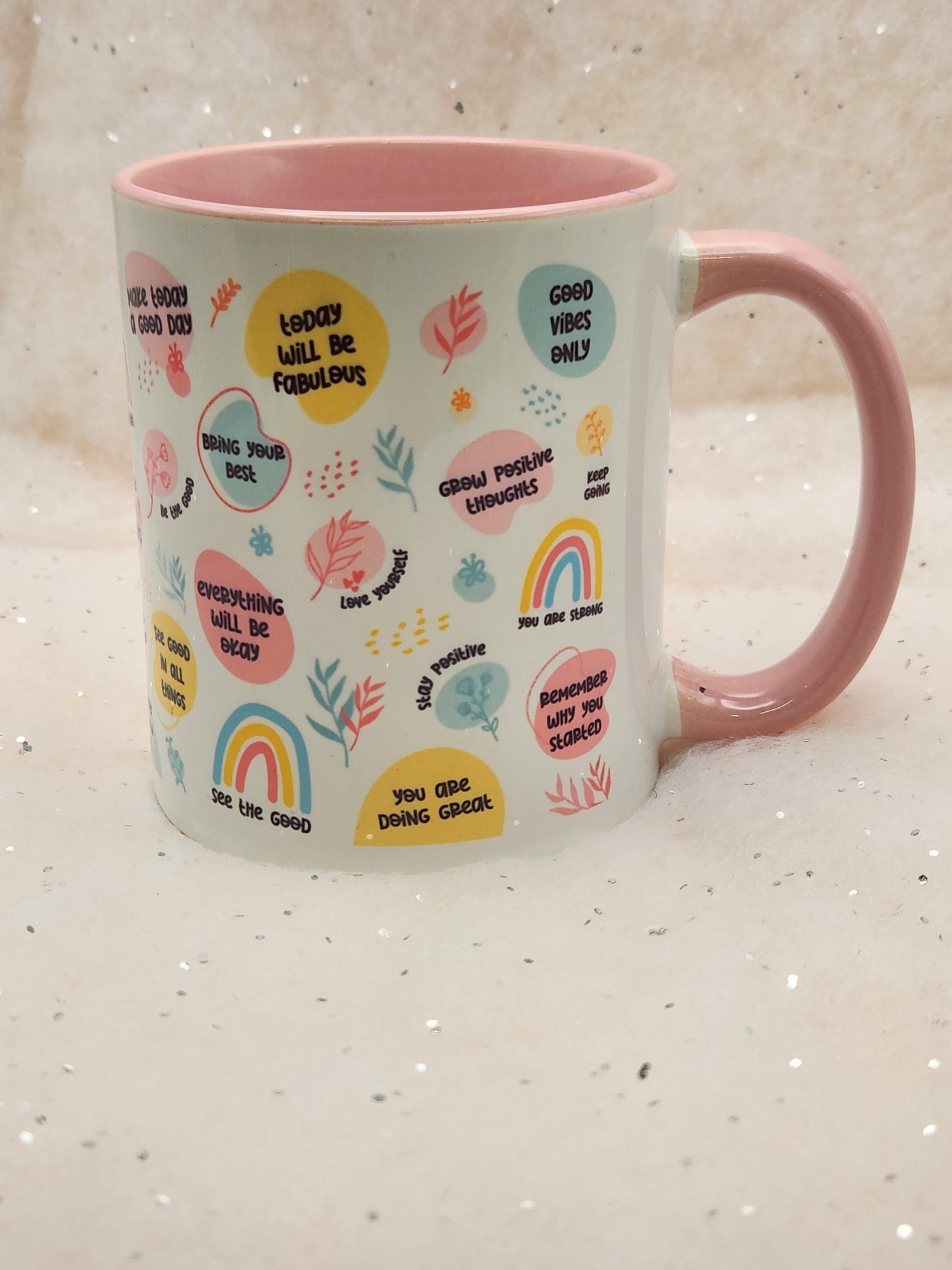 Motivational Mug, Motivational Cup, Affirmation Cup, Affirmation Mug - Pink handle and pink inner - choice of 2