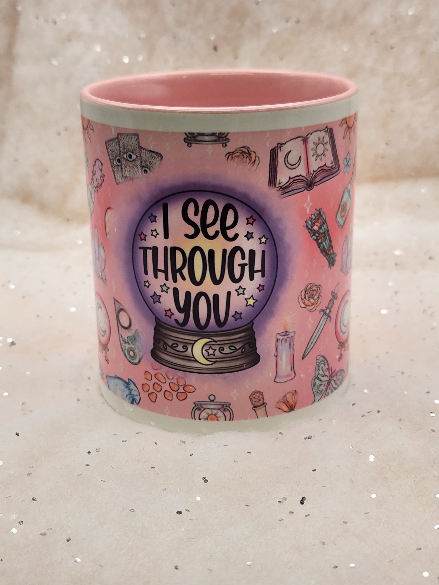 Crystal Ball mug, crystal ball cup, Ouija mug, Ouija Cup - choice of 2 - pink inner and pink handle