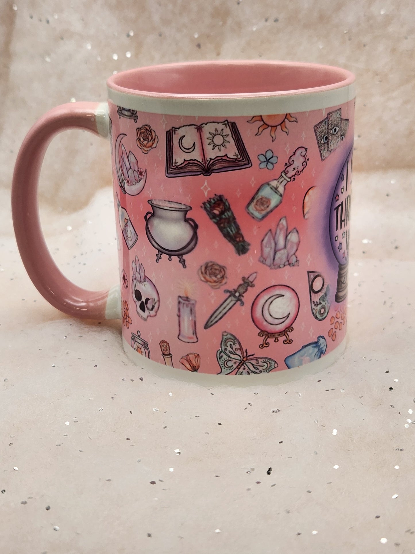 Crystal Ball mug, crystal ball cup, Ouija mug, Ouija Cup - choice of 2 - pink inner and pink handle