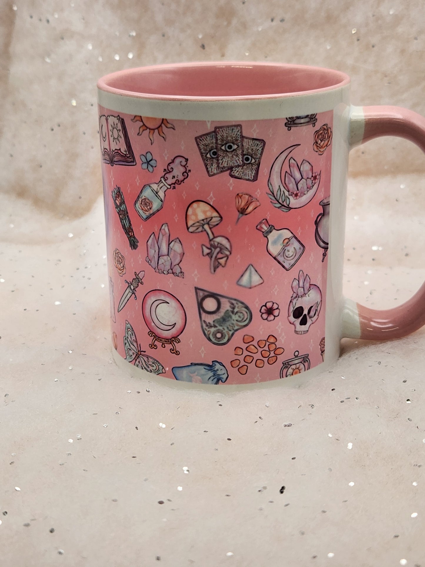 Crystal Ball mug, crystal ball cup, Ouija mug, Ouija Cup - choice of 2 - pink inner and pink handle