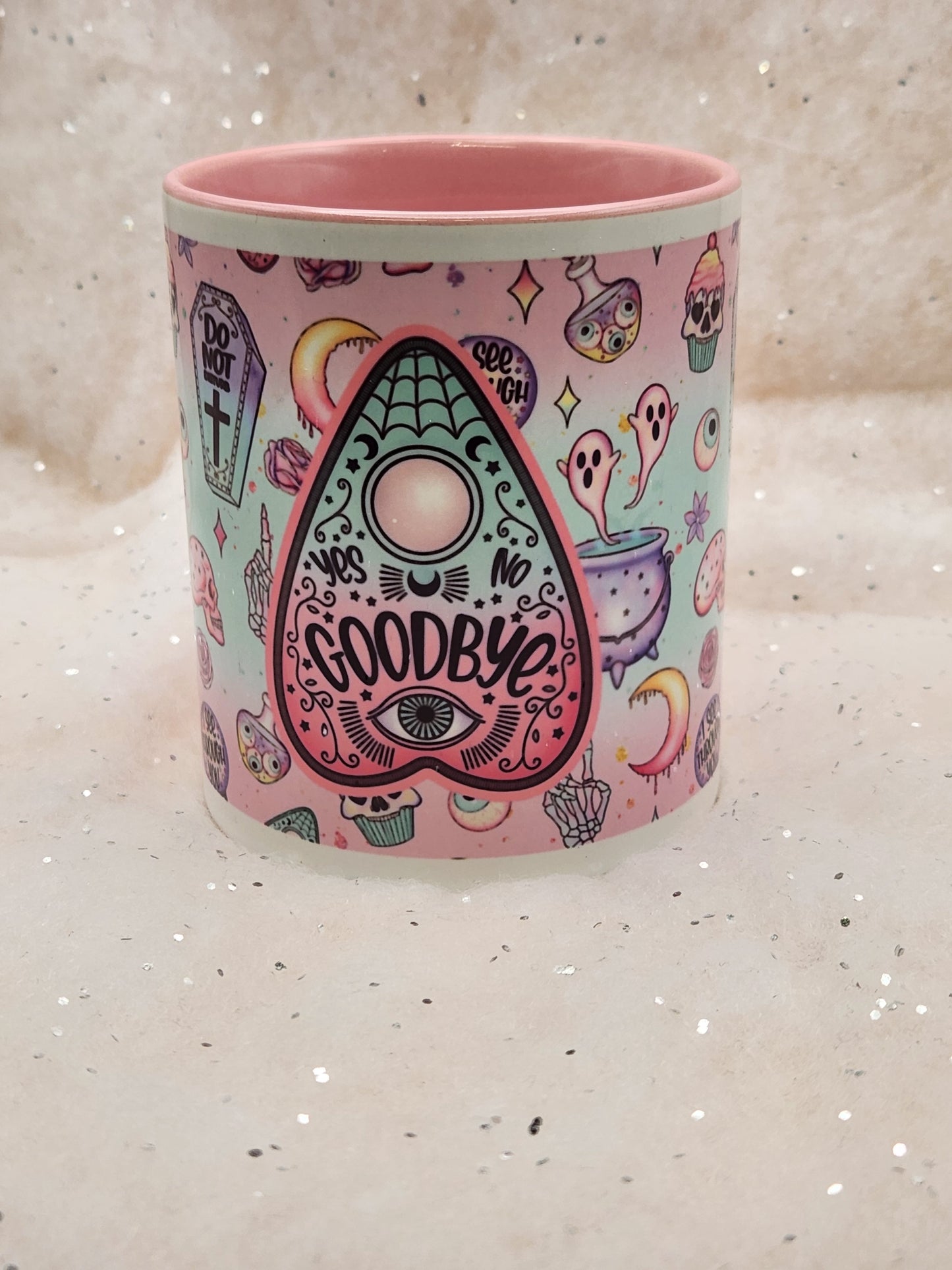 Crystal Ball mug, crystal ball cup, Ouija mug, Ouija Cup - choice of 2 - pink inner and pink handle