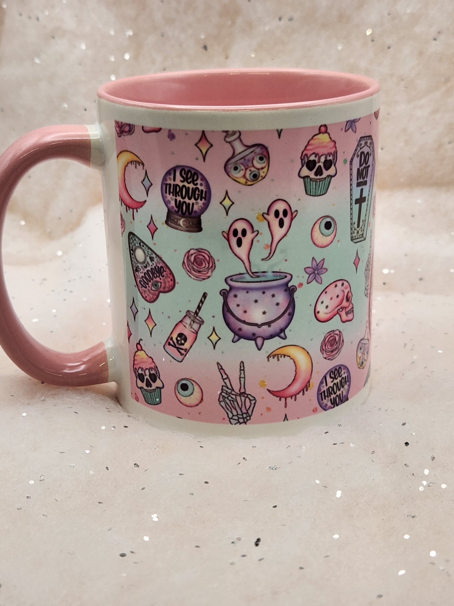 Crystal Ball mug, crystal ball cup, Ouija mug, Ouija Cup - choice of 2 - pink inner and pink handle