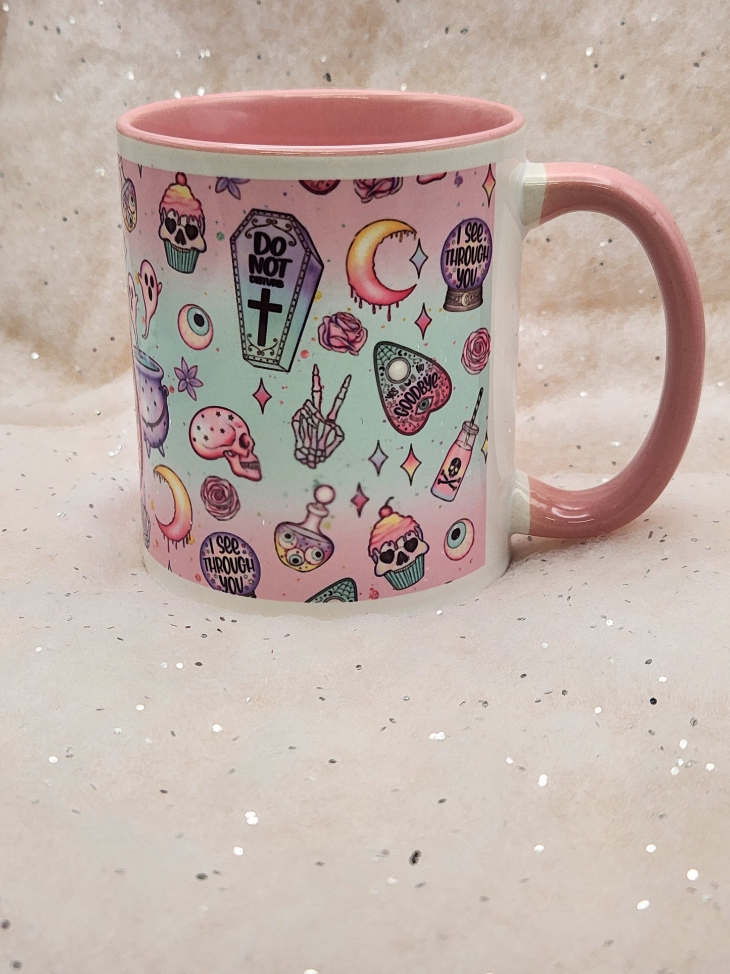 Crystal Ball mug, crystal ball cup, Ouija mug, Ouija Cup - choice of 2 - pink inner and pink handle