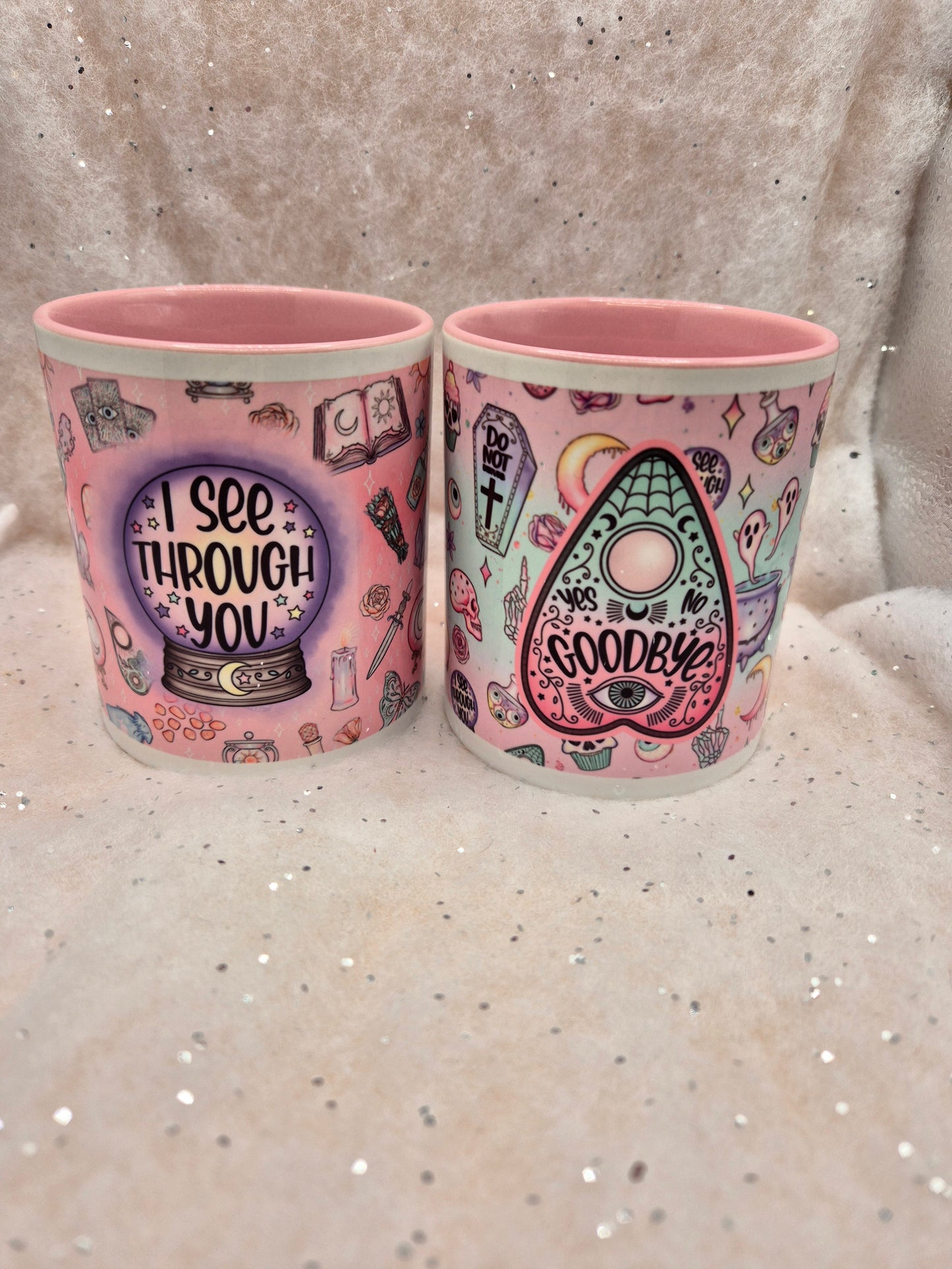 Crystal Ball mug, crystal ball cup, Ouija mug, Ouija Cup - choice of 2 - pink inner and pink handle