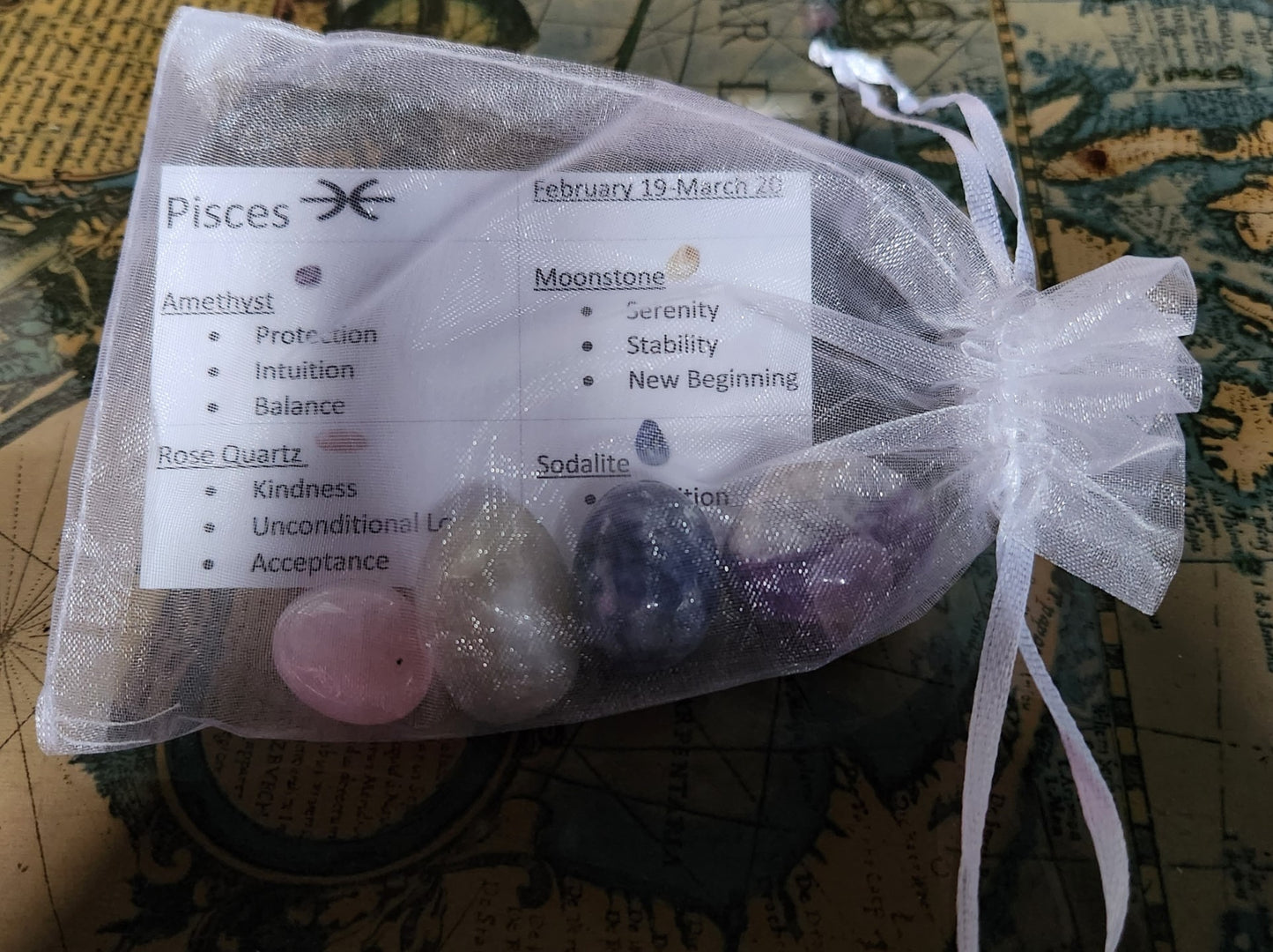 Crystal Pisces Zodiac Set with Angel Wings Dish- Crystals for Pisces- Crystal Zodiac Set - Crystal Angel Set- Pisces Crystals- Pisces Tumble Stones